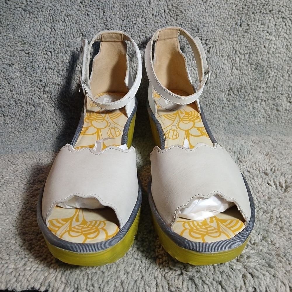 Fly London Size 39 US 8 Gray White Leather Wedge Sandals Neon Yellow Platform